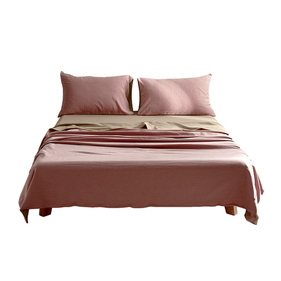 Washed Cotton Sheet Set Pink Brown Double