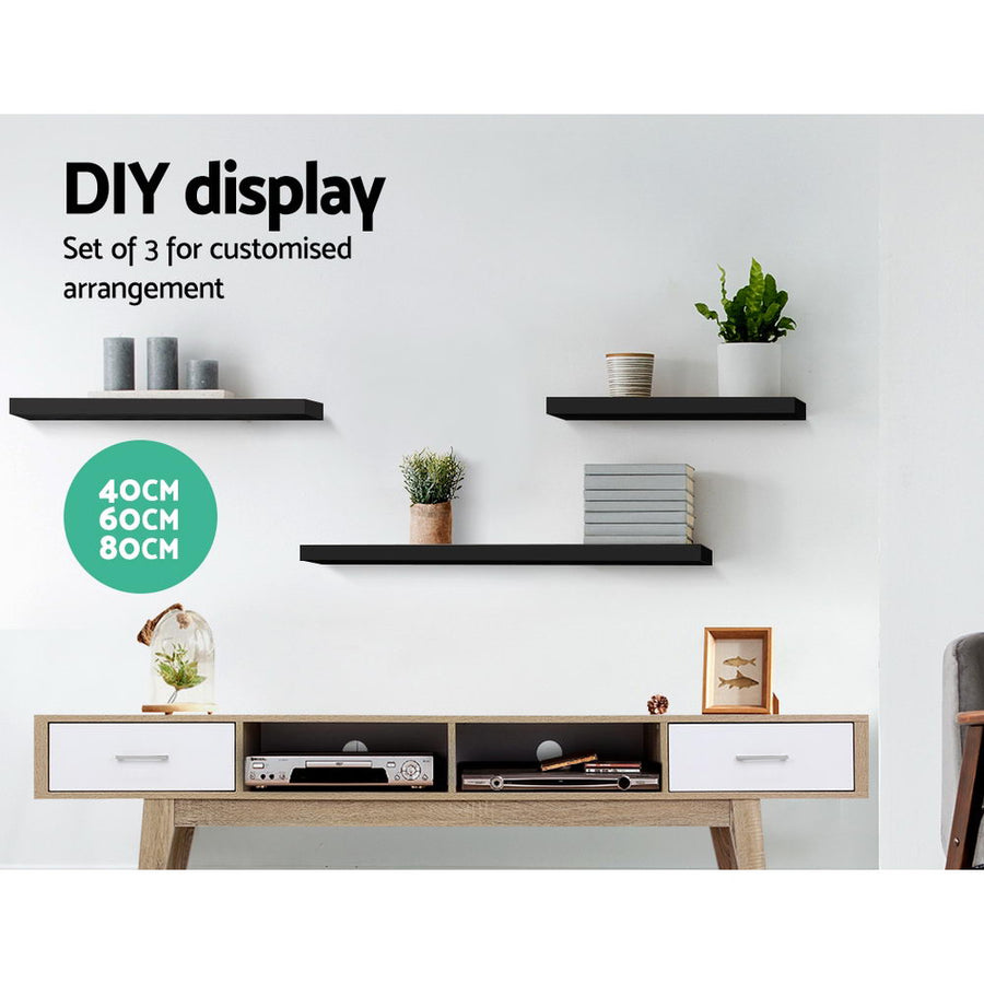 3 Piece Floating Wall Shelves - Black