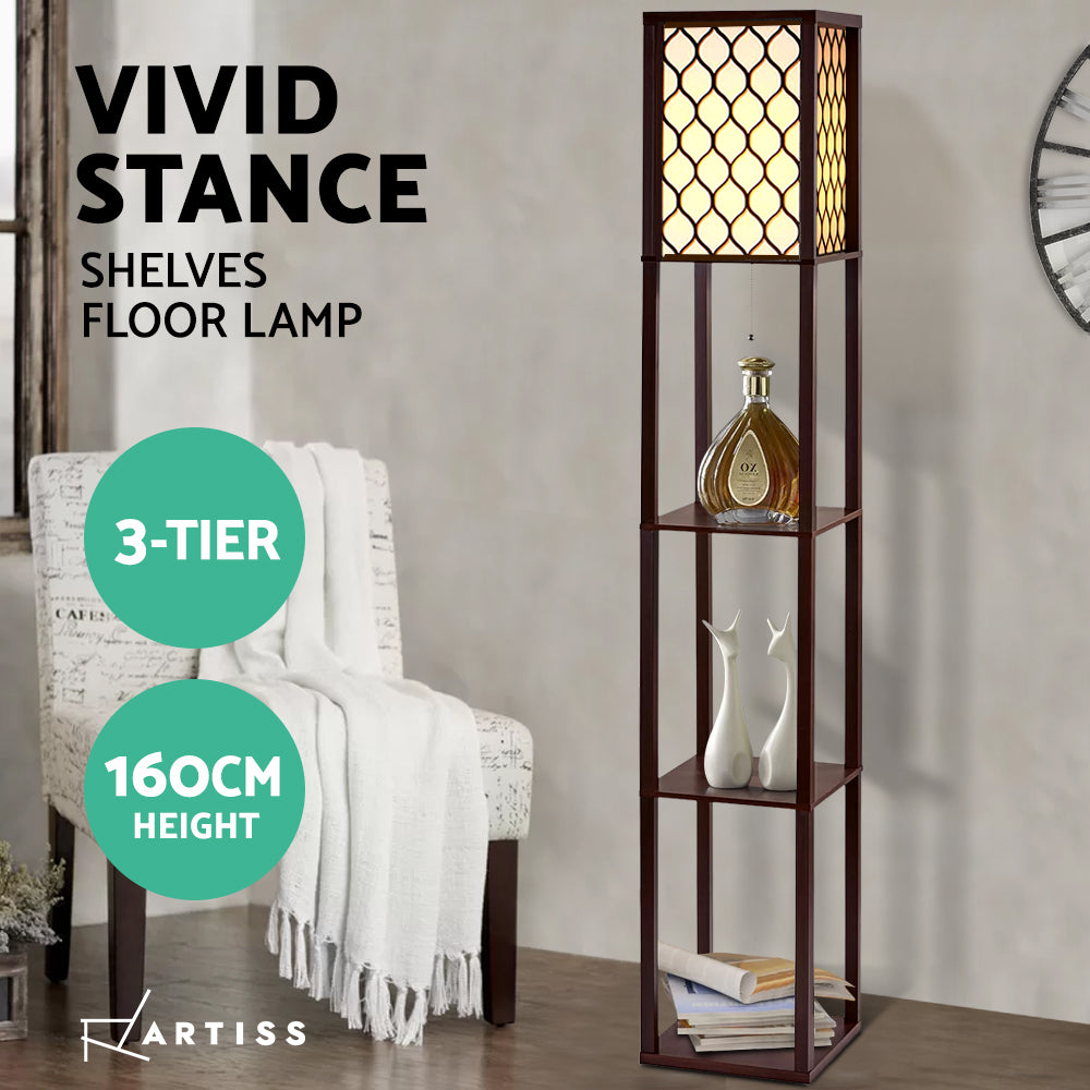 Floor Lamp LED Storage Shelf Standing Vintage Wood Light Reading Bedroom