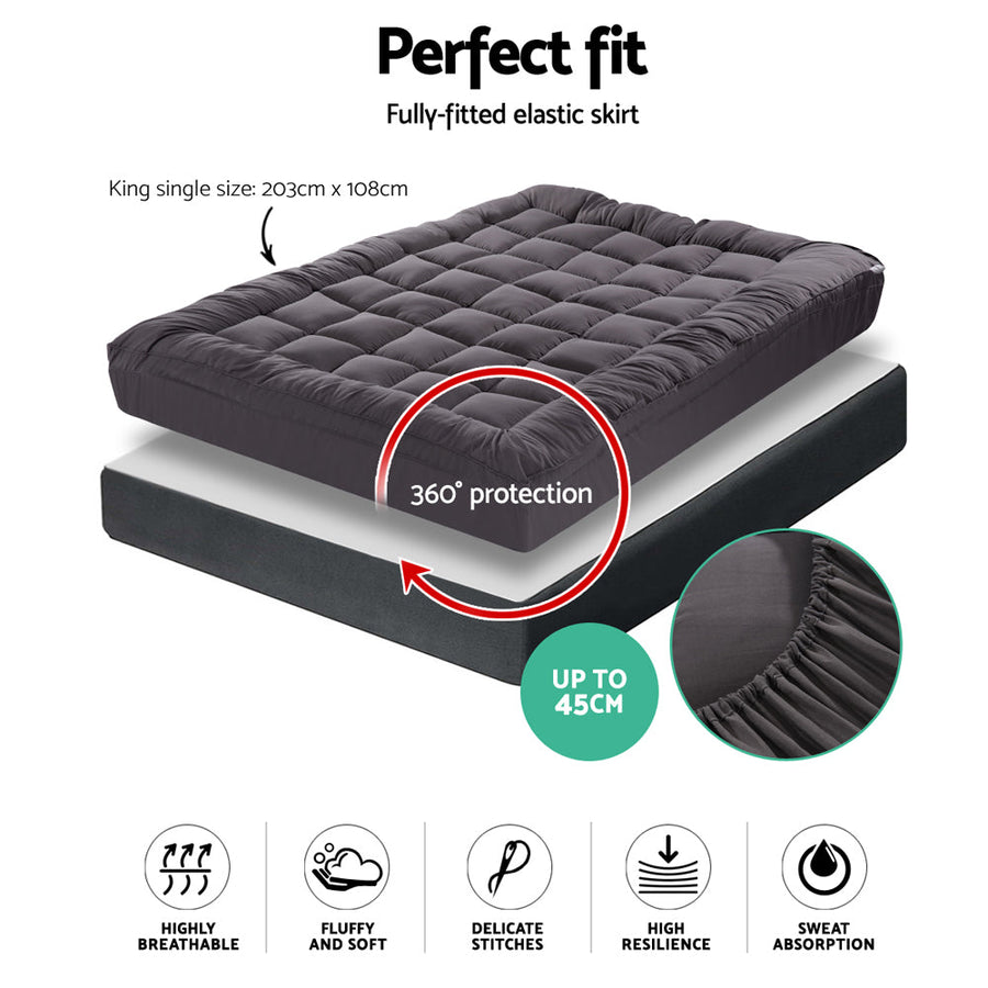 King Single Mattress Topper Pillowtop 1000GSM Charcoal Microfibre Bamboo Fibre Filling