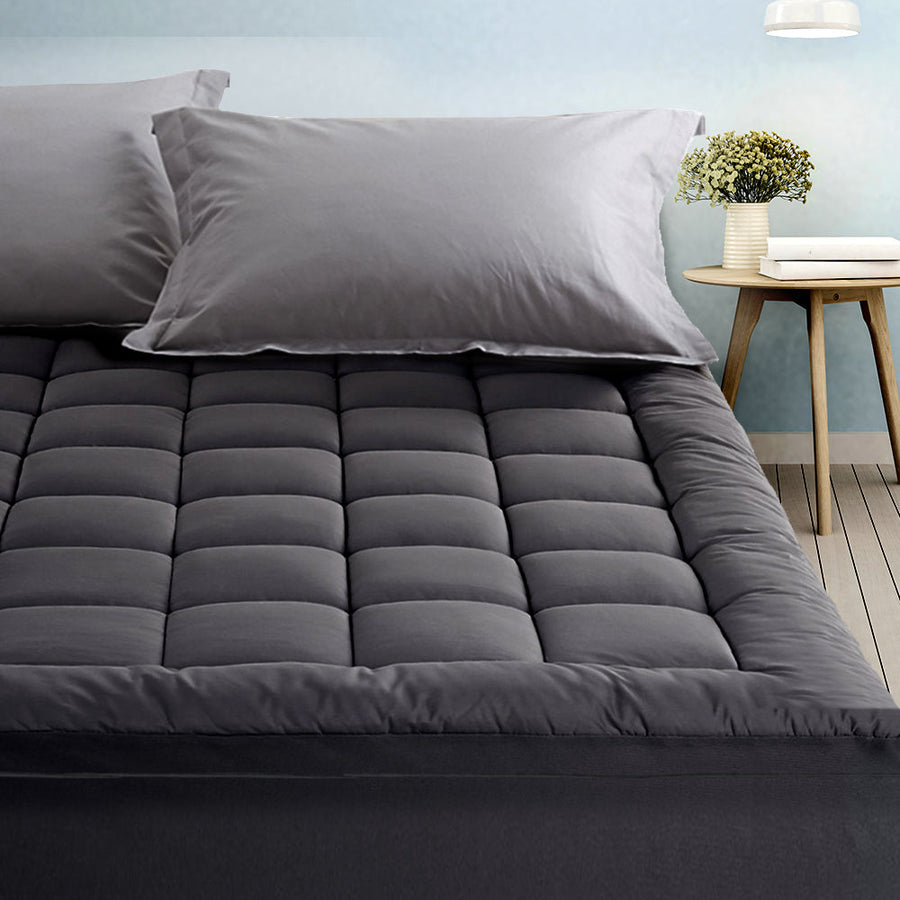 Queen Mattress Topper Pillowtop 1000GSM Charcoal Microfibre Bamboo Fibre Filling