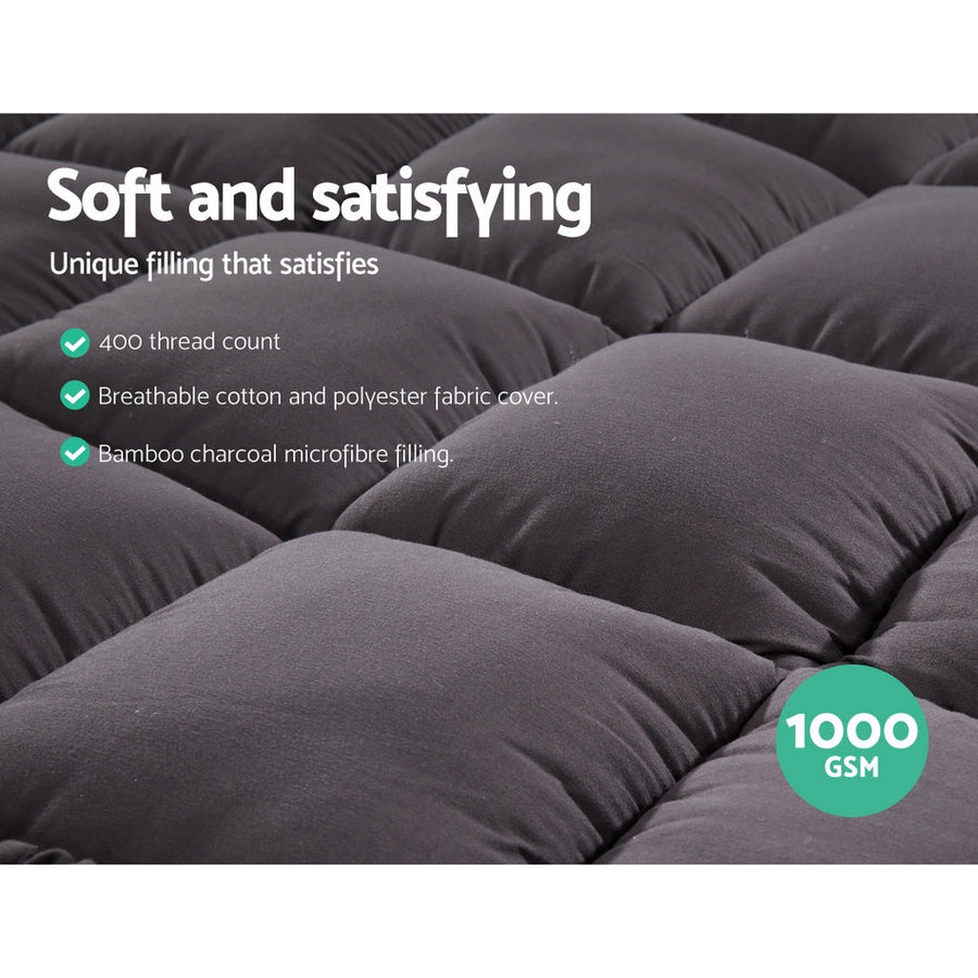 Single Mattress Topper Pillowtop 1000GSM Charcoal Microfibre Bamboo Fibre Filling