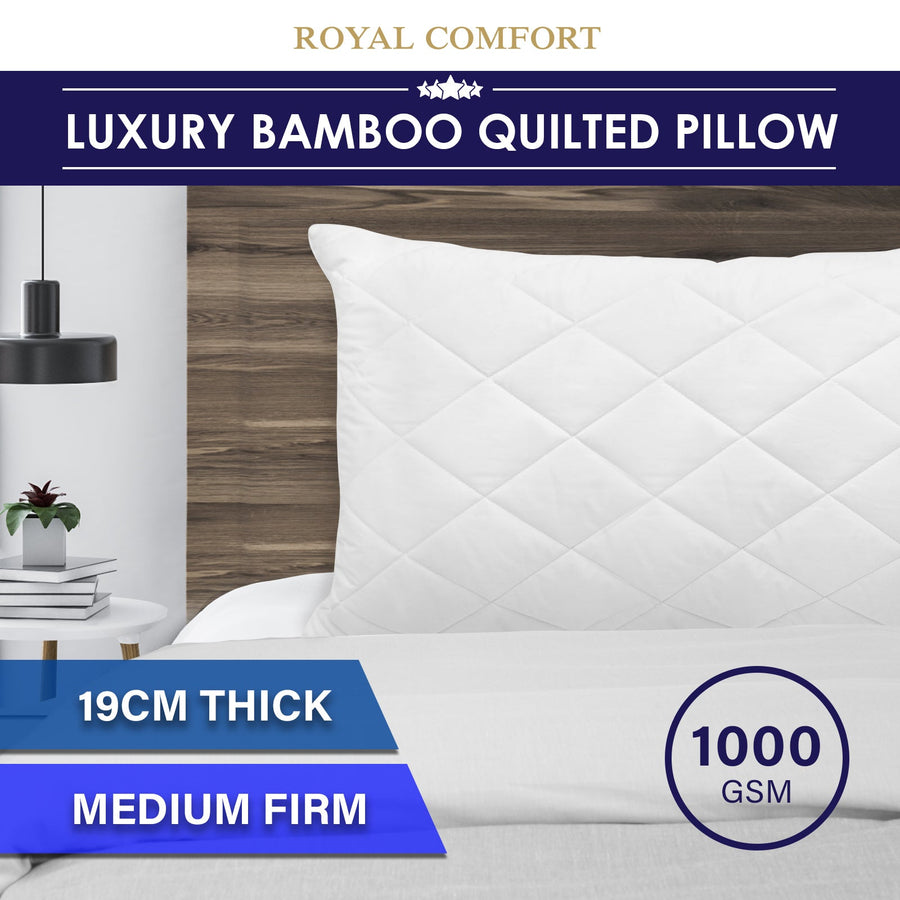 Luxury Bamboo Blend Quilted Pillow Single Pack Extra Fill Support - White