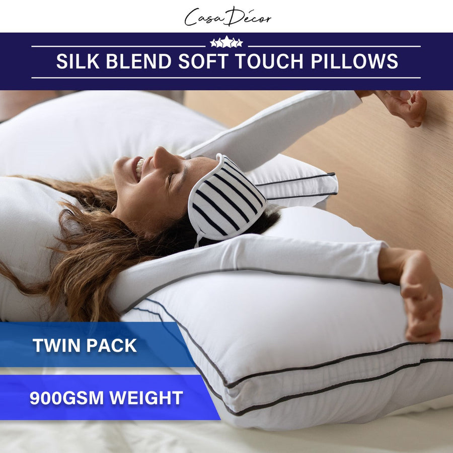 Silk Blend Pillow Hypoallergenic Gusset Cotton Cover Twin Pack - White