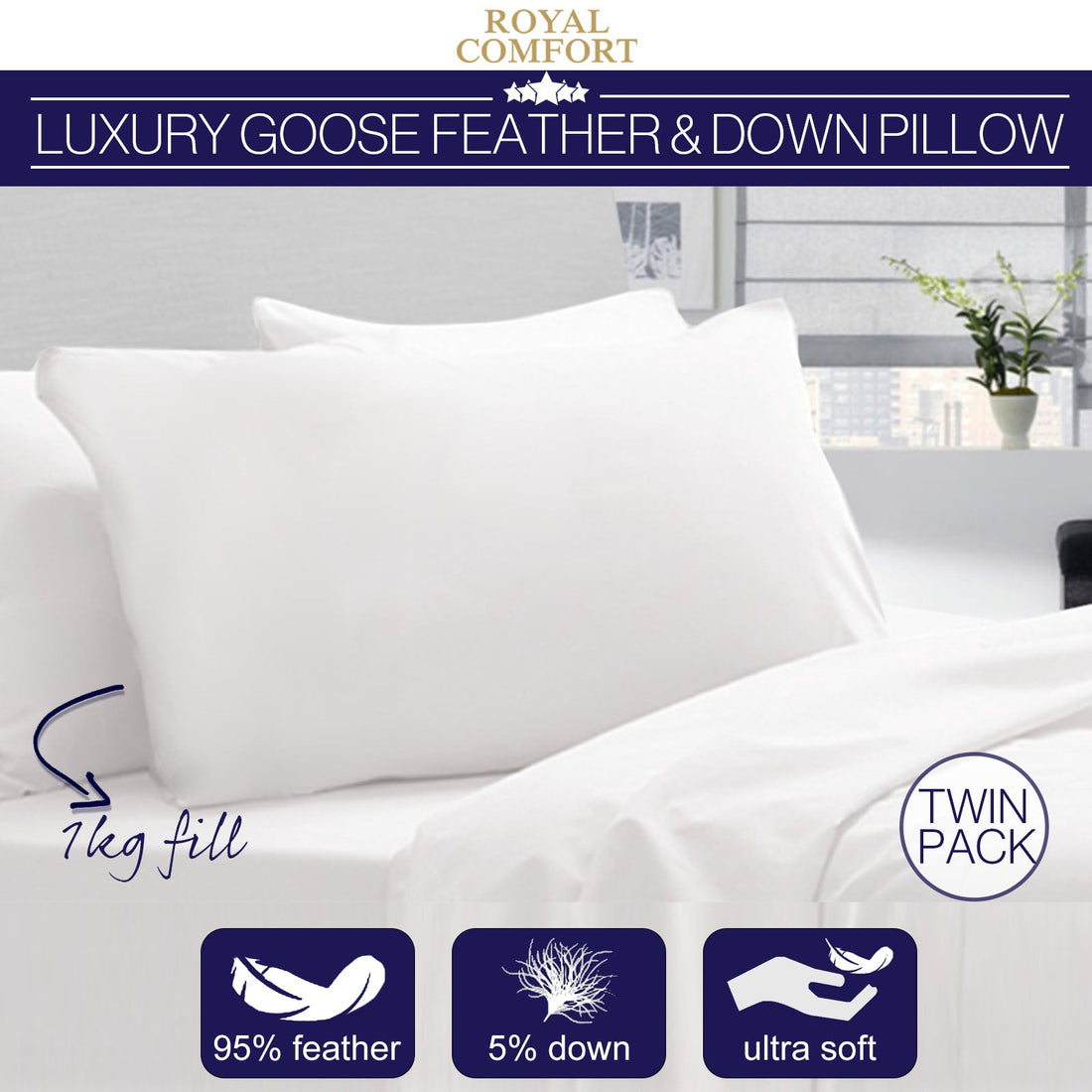 Goose Down Feather Pillows 1000GSM 100% Cotton Cover - White