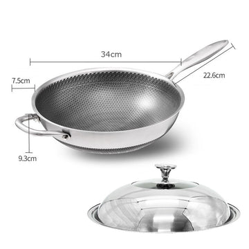 316 Stainless Steel Non-Stick Stir Fry Cooking Kitchen Wok Pan without Lid Honeycomb Double Sided