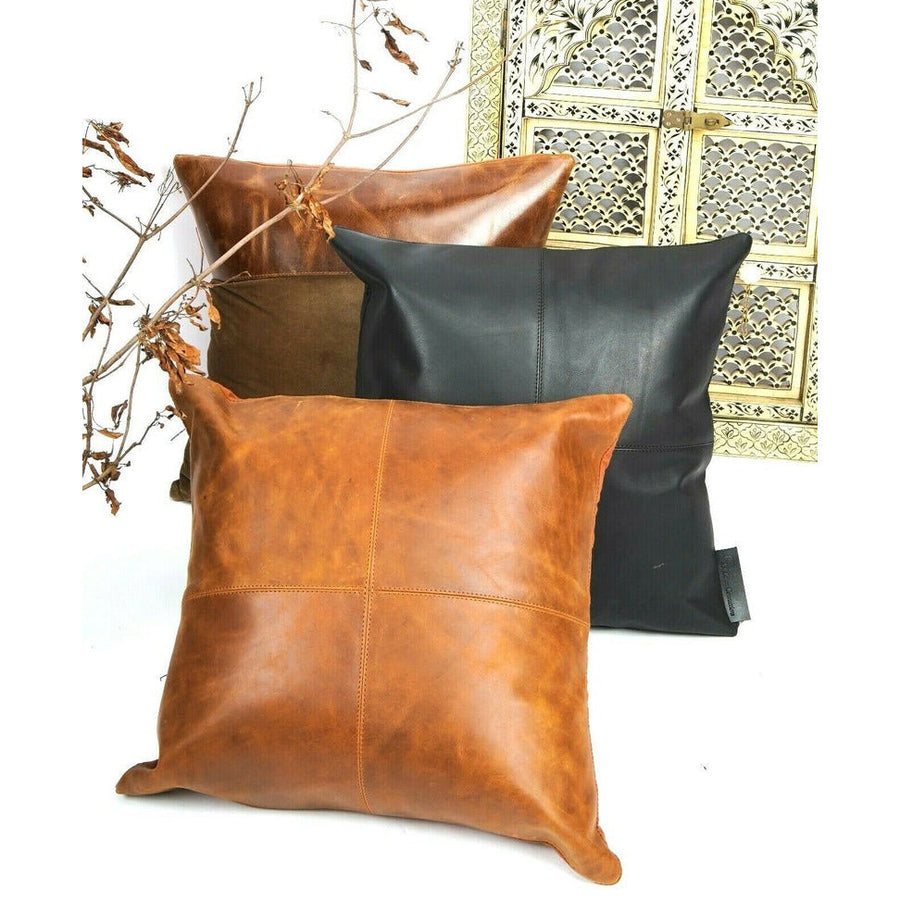 Genuine Leather Patchwork Cushion Cover Pillow Dark