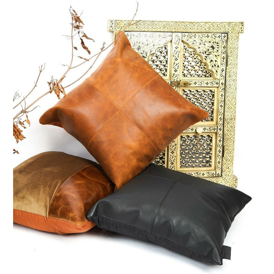 Genuine Leather Patchwork Cushion Cover Pillow Dark