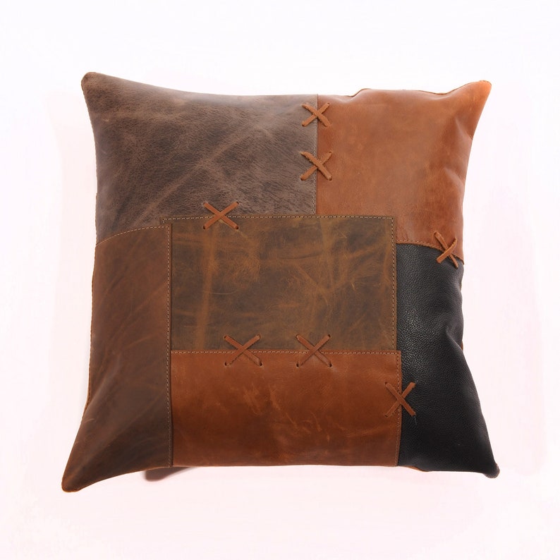 Genuine Leather Patchwork Cushion Cover Pillow - Vintage Leather Tan