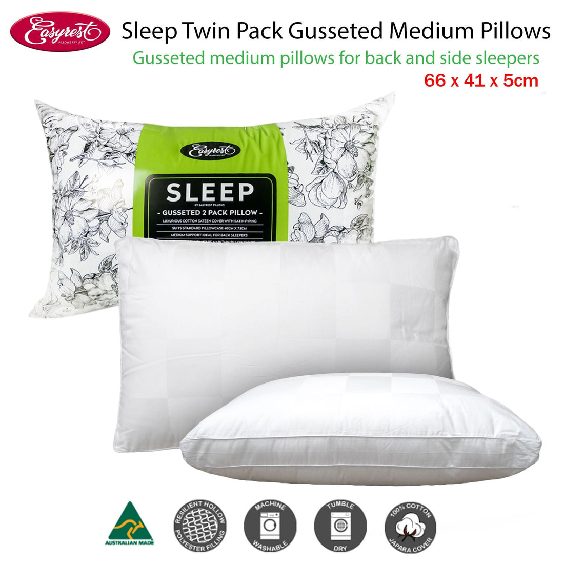 Sleep Twin Pack Gusseted Medium Standard Pillows