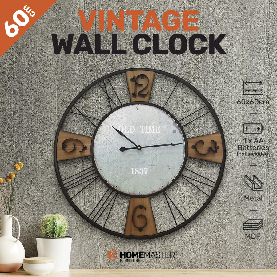 Wall Clock Large Vintage Design Stylish Metal Accents 60cm